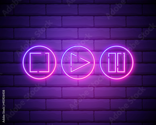 Neon player button signs vector isolated on brick wall. Play, stop, pause button light symbol, decoration effect. Neon music player button illustration isolated on brick wall background