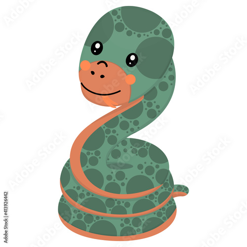 A cute gentle green character of a boa constrictor with a protruding tongue on a white background. Cute cartoon snake. Vector.