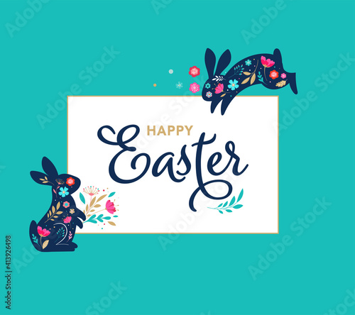 Happy Easter, decorated easter card, banner. Bunnies, Easter eggs, flowers and basket. Folk style patterned design. 