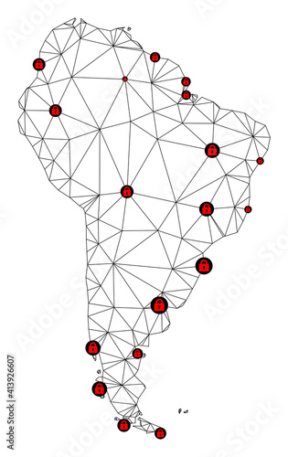 Polygonal mesh lockdown map of South America. Abstract mesh lines and locks form map of South America. Vector wire frame 2D polygonal line network in black color with red locks.