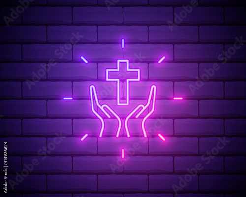 Praying hands neon sign. Gratitude or prayer design. Night bright neon sign, colorful billboard, light banner. Vector illustration in neon style isolated on brick wall backogrund