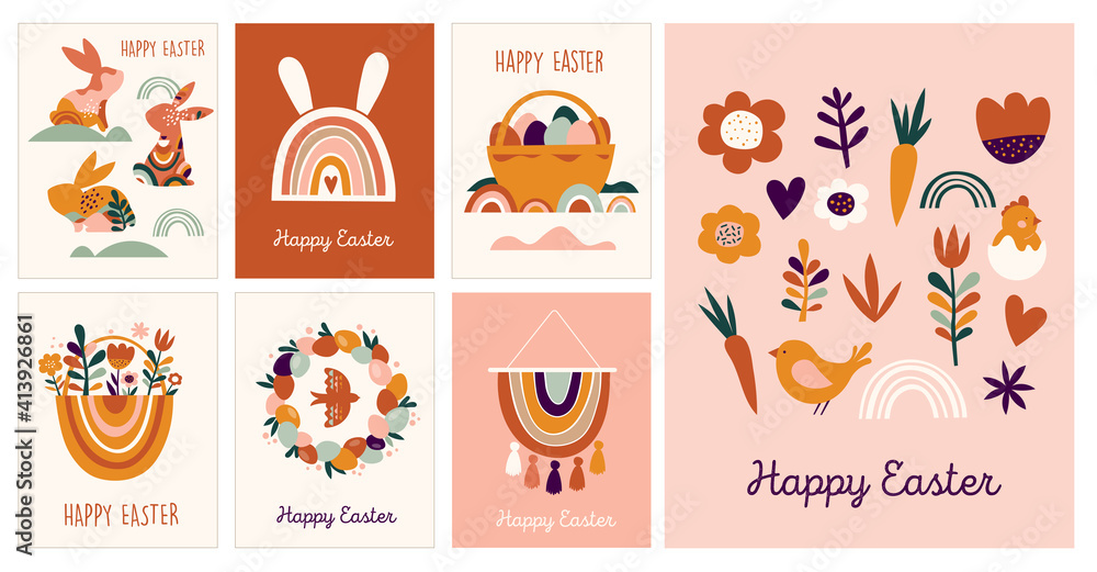 Boho Easter concept design, greeting cards with bunnies, eggs, flowers and rainbows in pastel and terracotta colors, flat vector illustrations