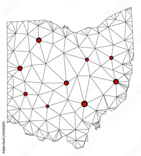 Polygonal mesh lockdown map of Ohio State. Abstract mesh lines and locks form map of Ohio State. Vector wire frame 2D polygonal line network in black color with red locks.