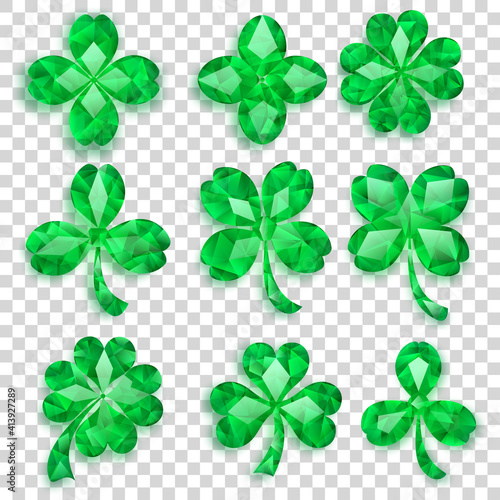 Set of crystal clover leaves in green colors with shadows on transparent background. Symbols for St. Patrick's Day