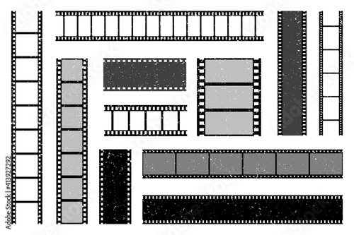 Grunge film strips collection. Old retro cinema movie strip. Video recording. Vector illustration.