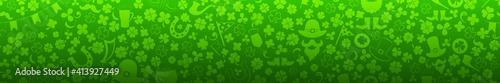Banner on St. Patrick's Day made of clover leaves and other symbols  in green colors with seamless horizontal repetition