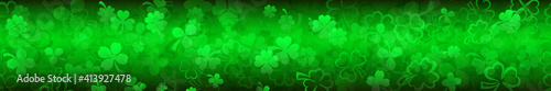 Banner on St. Patrick's Day made of clover leaves and other symbols in green colors with seamless horizontal repetition