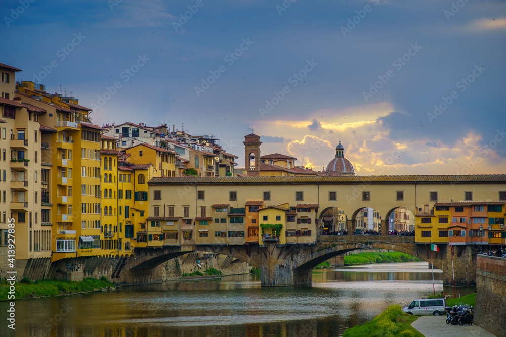 Panorama of the Italian city Florence with the golden bridge