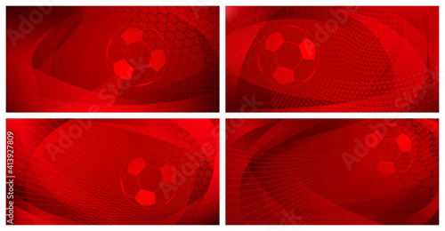 Set of four football or soccer backgrounds with big ball in red colors