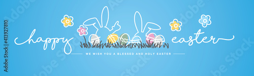 Happy Easter we wish you a holy and blessed Easter handwritten typography lettering line design bunny colorful Easter eggs in grass egg hunt blue greeting card