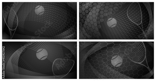 Set of four abstract tennis backgrounds with ball and racket in black and gray colors