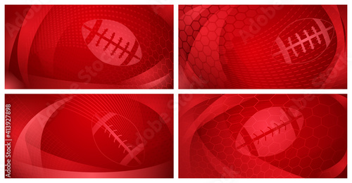 Set of four rugby backgrounds with big ball in red colors