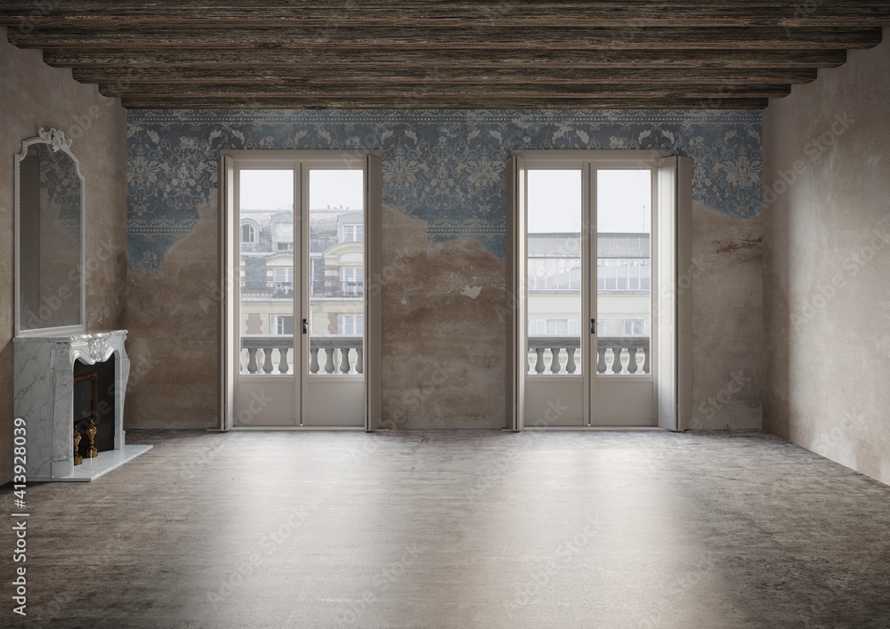 Ambiente storico, stanza vuota, muro vecchio, affreschi, rendering 3d Ambiente storico, stanza vuota, muro vecchio, affreschi, rendering 3d