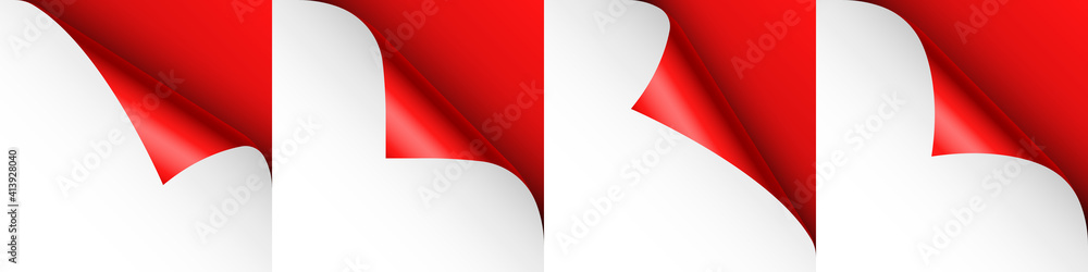 Set of red paper curls. Curled page corner with shadow. Blank sheet of paper. Colorful shiny foil. Design element for advertising and promotion. Vector illustration.