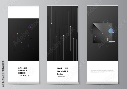 Vector layout of roll up mockup design templates for vertical flyers, flags design templates, banner stands, advertising design mockups. Tech science future background, space design astronomy concept.