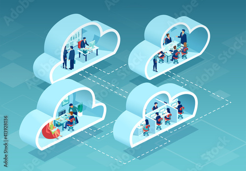 Vector of businesspeople working in offices using cloud data storage service
