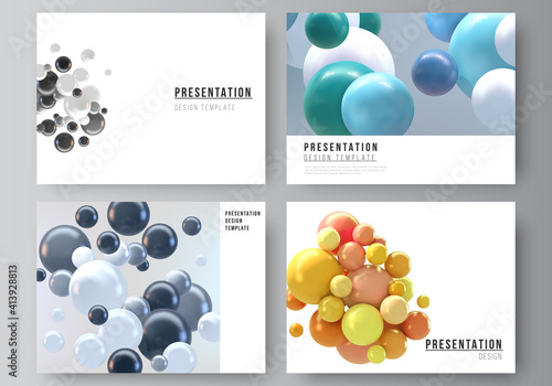 Vector layout of the presentation slides design business templates, multipurpose template for presentation brochure, report. Realistic vector background with multicolored 3d spheres, bubbles, balls.