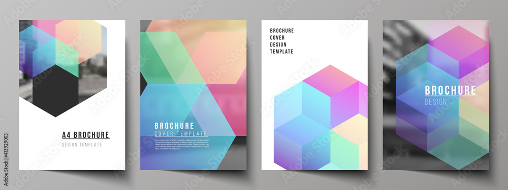 Vector layout of A4 format cover mockups design templates with abstract shapes and colors for brochure, flyer layout, booklet, cover design, book design, brochure cover.
