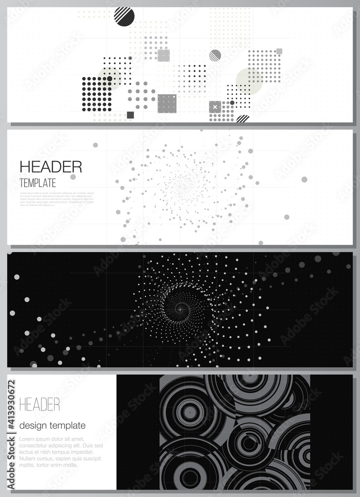 Fototapeta premium Vector layout of headers, banner design templates for website footer design, horizontal flyer design. Abstract technology black color science background. Digital data visualization. High tech concept.