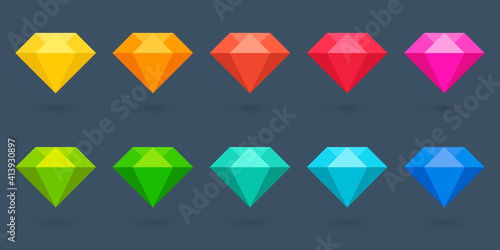 Flat diamonds collection. Colorful gemstone. Vector illustration.
