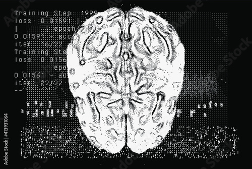 3D vector illustration of brain made of pixels and particles. Concept of neural network, neurology and neuroscience.