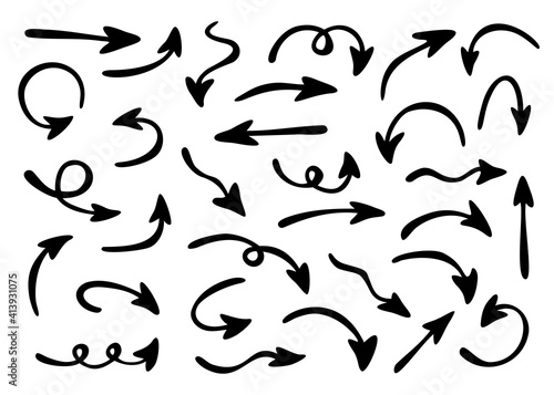 Large vector set of arrows pointing in different directions. Hand drawn, doodle elements isolated on white background