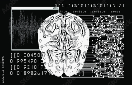 Futuristic sci-fi user interface with research data, Magnetic resonance imaging of the Human brain. HUD UI with callout bar labels, information boxes, digital data charts.