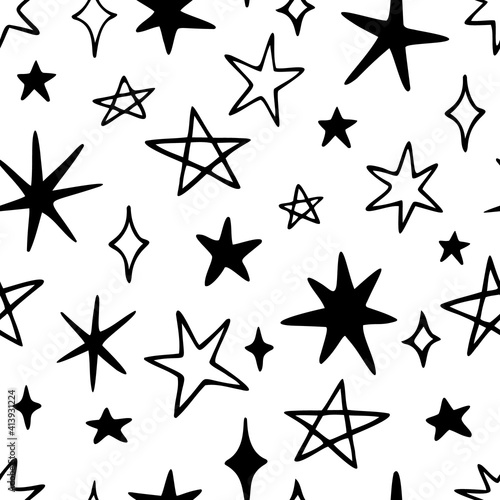 Vector seamless pattern with cute stars and sparkles. Hand drawn, doodle style. Design for fabric, wrapping, stationery, wallpaper, textile.