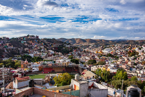 Stunning view over Guanajuato City and baseball stadium, Guanajuato State, Mexico photo