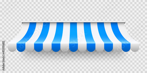 Blue shop sunshade on transparent background. Realistic striped cafe awning. Outdoor market tent. Roof canopy. Summer street store. Vector illustration.