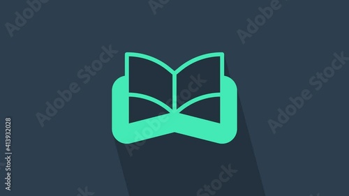 Turquoise Ancient magic book with alchemy recipes and mystic spells and enchantments icon isolated on blue background. 4K Video motion graphic animation.