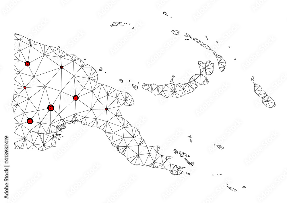 Obraz premium Polygonal mesh lockdown map of Papua New Guinea. Abstract mesh lines and locks form map of Papua New Guinea. Vector wire frame 2D polygonal line network in black color with red locks.