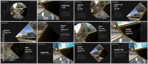 Presentation design vector templates, multipurpose template for presentation slide, flyer, brochure cover design. Abstract black and golden project with clipping mask, geometric shapes for your photo.