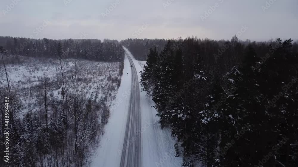 Aerial view of winter road alley surrounded by snow covered trees in overcast winter day, small snowflakes falling, car driving trough, wide angle ascending drone shot moving forward Aerial view of winter road alley surrounded by snow covered trees in overcast winter day, small snowflakes falling, car driving trough, wide angle ascending drone shot moving forward