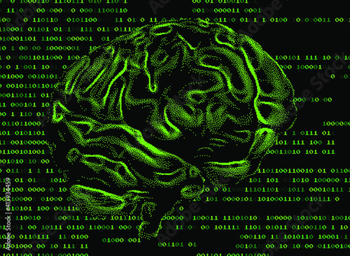Human brain on the dark background with binary code. 3D illustration of the cerebrum made in refrofuturistic cyberpunk pixel art style.