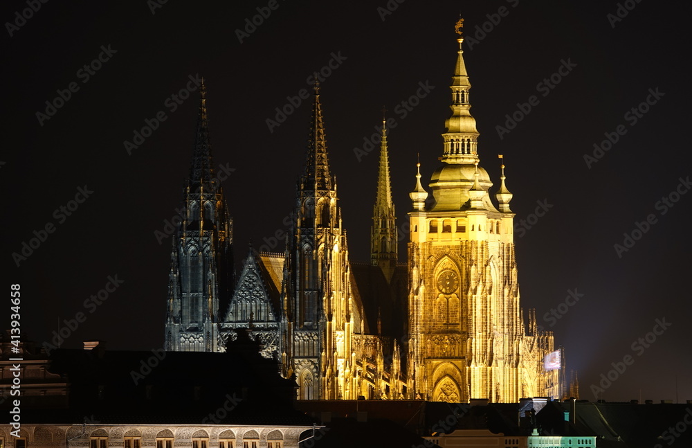 Night photo of Prague Castle, Saint Vitus Cathedral, Czech Republic.