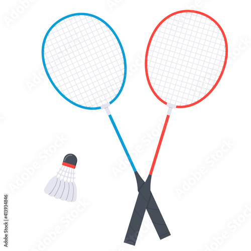 Two badminton rackets and a shuttlecock. Illustration isolated on white background.