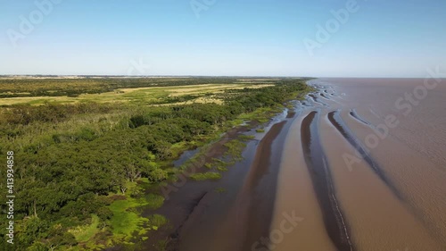 Backward drone shot along sandy forested coast of Rio de la Plata photo