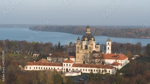 Beautiful Pazaislio in Lithuania on sunny day. Aerial wide shot. photo