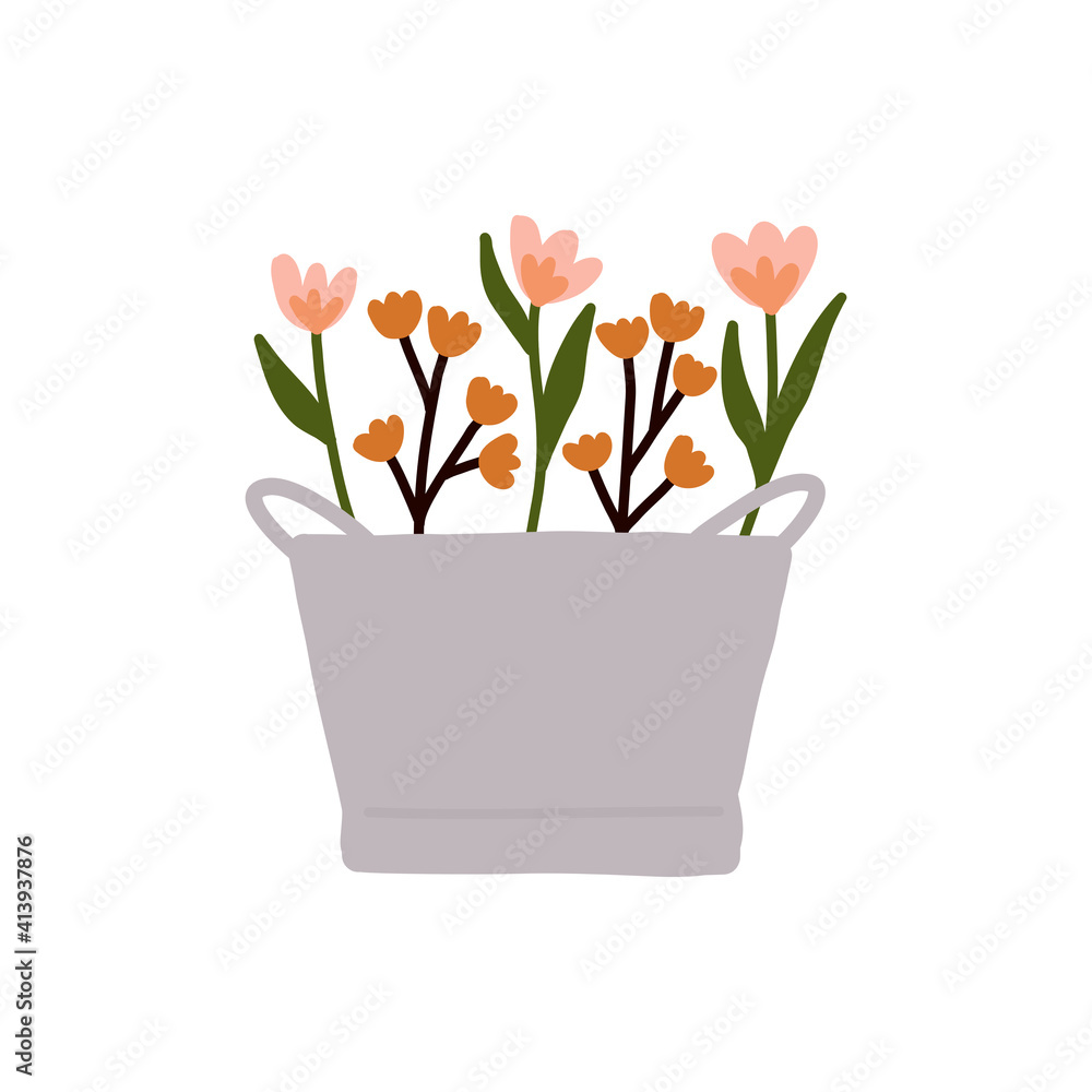 Hand drawn Cute spring Bouquet flower in vintage bucket pot illustration