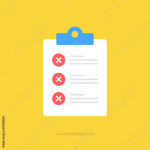 Checklist and x marks icon. Clipboard with check list and cross marks. Flat design. Vector icon