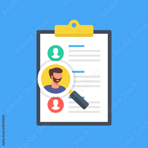Find employees. Team management, employment, best candidate, human resources concept. Clipboard with magnifying glass and man picture icon. Flat design. Vector icon