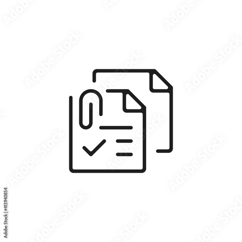Documents and clip icon. Page with check mark and paper clip. Vector line icon