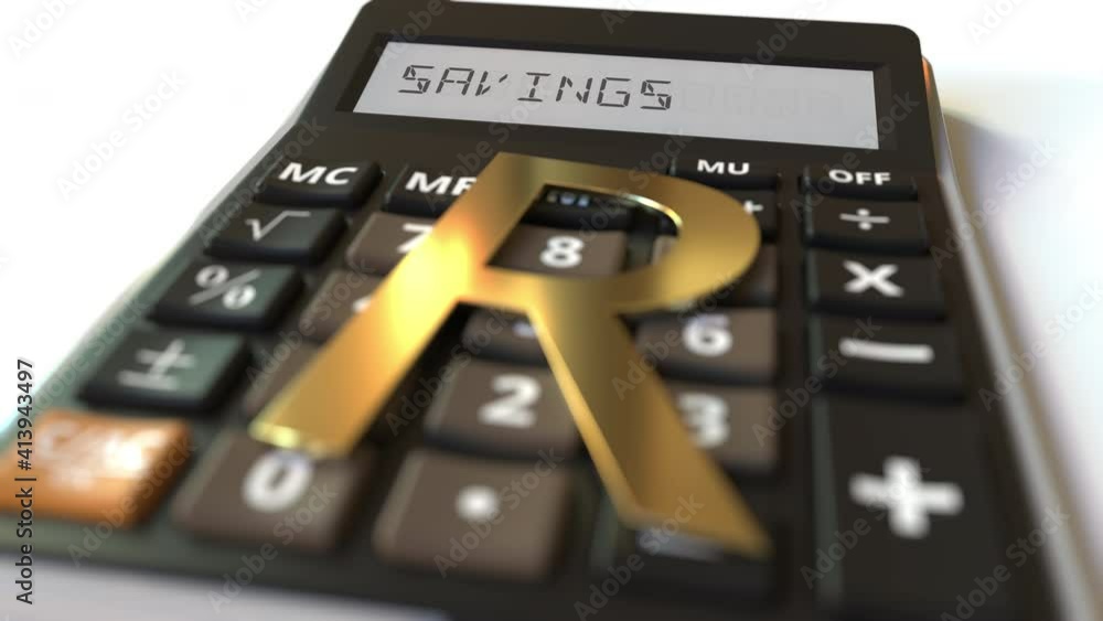 SAVINGS text on calculator display and rand money symbol. Financial concept. 3d animation SAVINGS text on calculator display and rand money symbol. Financial concept. 3d animation