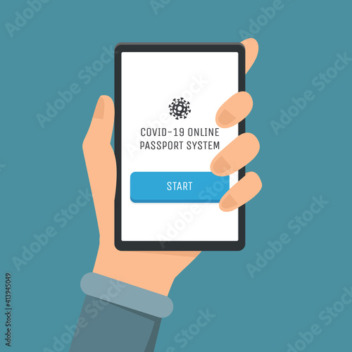 Covid-19 online passport system vector flat illustration. Hand holding smartphone with mark of immunity from Coronavirus. Document allowing to travel around the world after Coronavirus outbreak.
