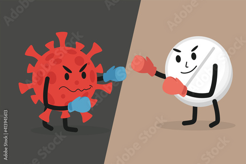 Oral vaccine tablets fight with angry Coronavirus cell vector flat illustration. Brave white tablet and Covid-19 red molecule wearing boxing gloves. Drugs against dangerous Coronavirus illness.
