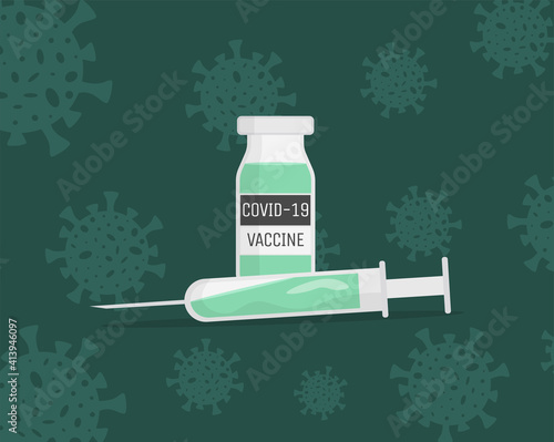 Covid-19 vaccine in syringe and medical flask vector flat illustration on background with Coronavirus cells. Green Covid-19 vaccine to prevent and fight against Coronavirus spreading.