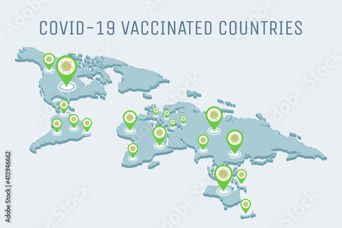 Covid-19 vaccinated countries vector flat illustration. Global pandemic of Coronavirus outbreak on Earth is going down concept. Covid-19 vaccine in all countries in the world.