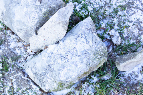 two white blocks lie on frozen greenery