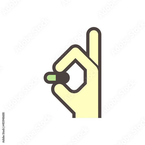 Manufacture of pharmaceutical, nutraceutical, supplement or cleaning product in hand vector icon design. That encapsulation by hard-shelled capsules. Contain dry, powdered ingredients or pellet.